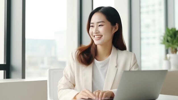 Thai mature group businesswoman using laptop smile talking with friend in the white office