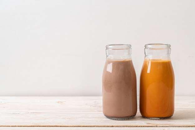 Thai milk tea and chocolate milk in bottle