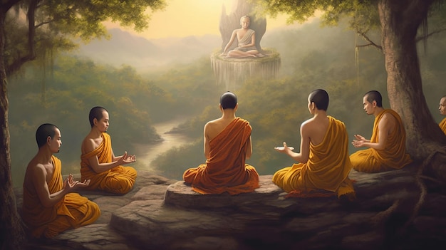 A Thai monk sitting on a rock teaching 5 Thai monks