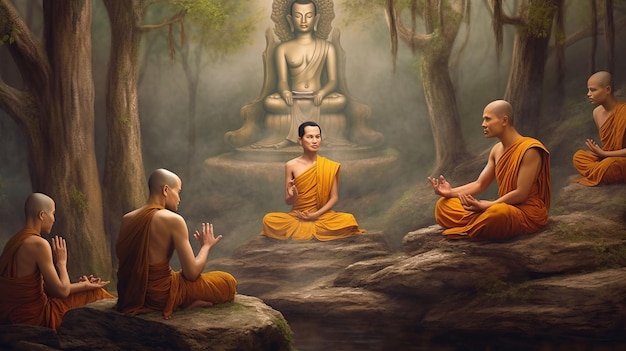 A Thai monk sitting on a rock teaching 5 Thai monks