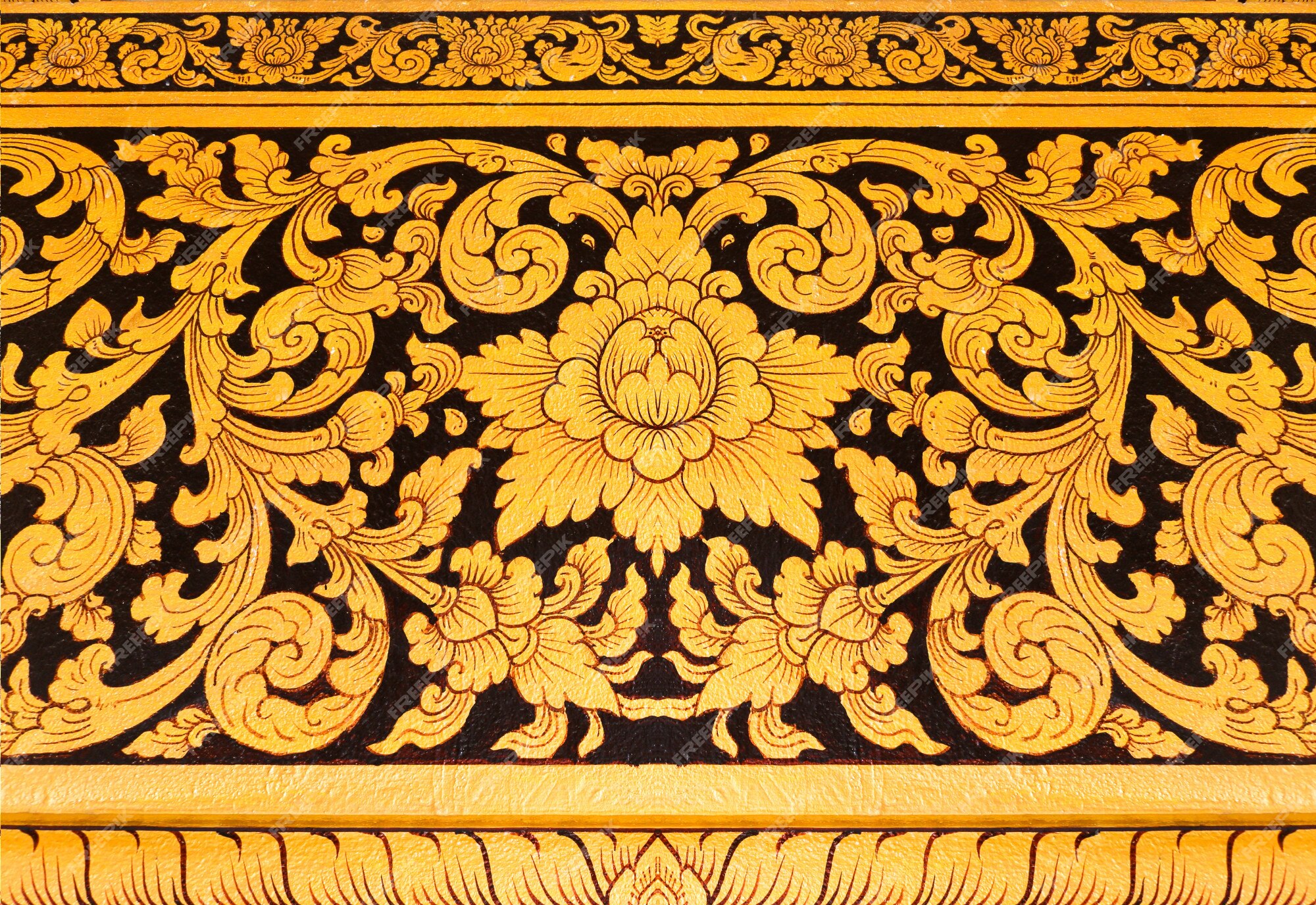 Premium Photo | Thai mural in temple thailand gold painting on black  background on the wall.