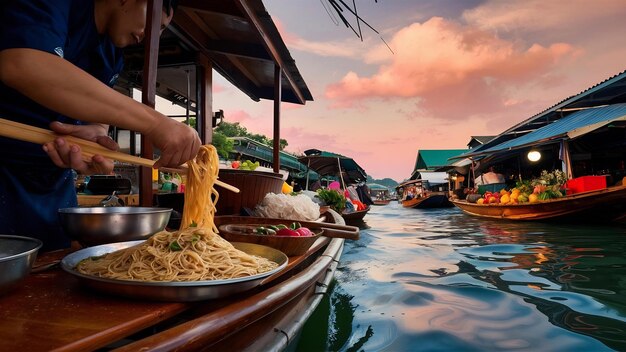 Thai noodle food making on floating boat in floating market thailand