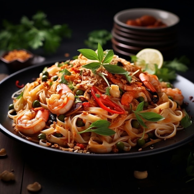 Thai noodles with shrimps and vegetables on plate closeup