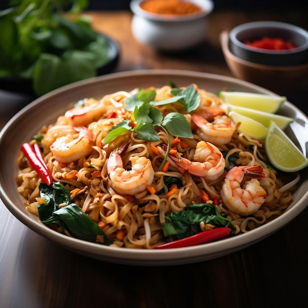 Thai noodles with shrimps and vegetables on plate closeup