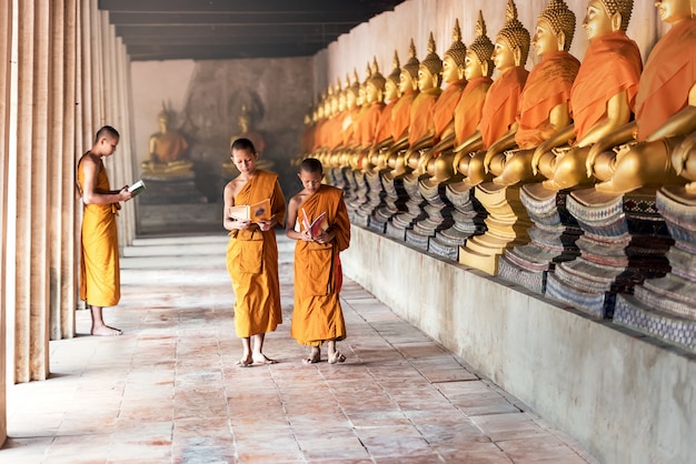 Photo thai novices at temple in ayutthaya historical park, thailand