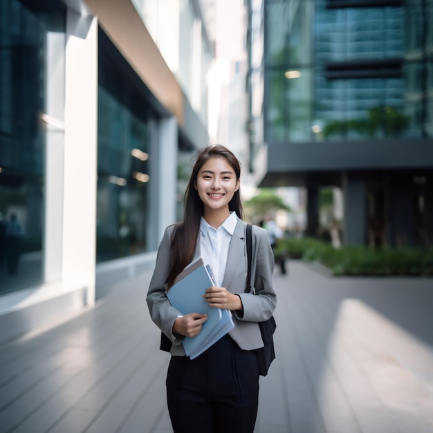 thai office woman is walking in front of building