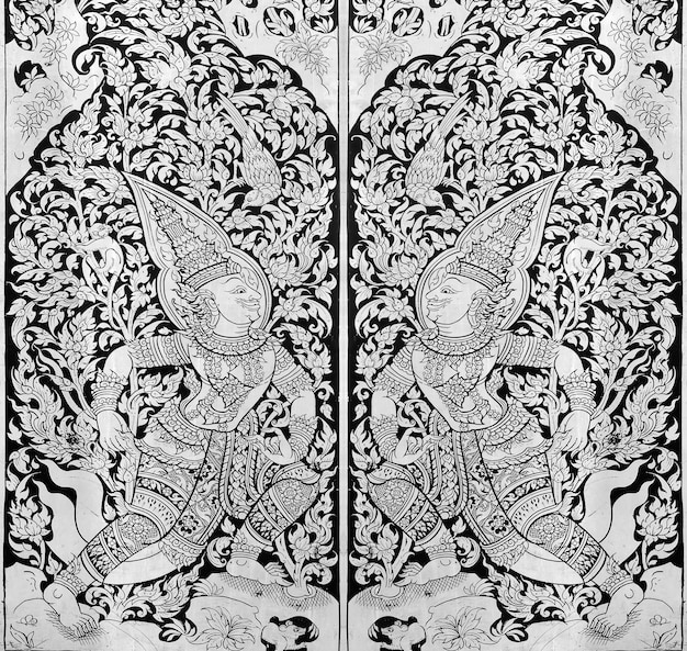 Photo thai painting on wood black and white