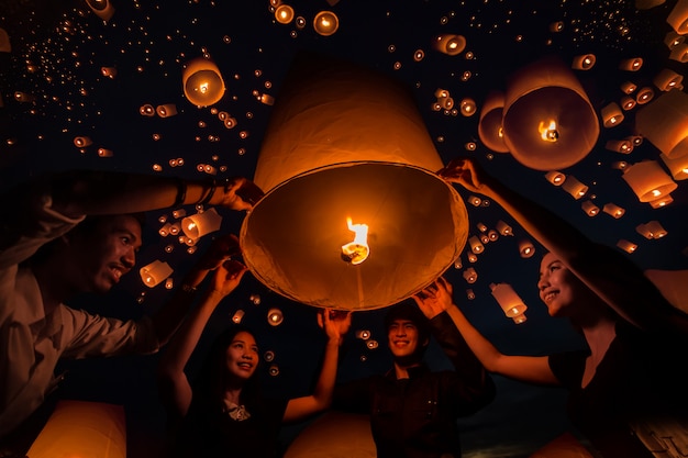 Thai people floating lamp in Yee Peng festival in Chiang mai