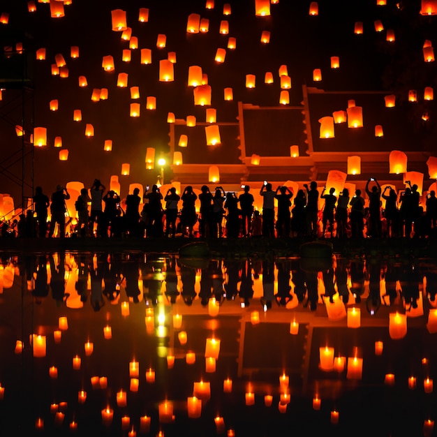 Thai people Floating sky Lantern in northern Thai traditional new year 