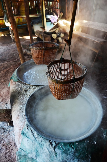 Thai people putting firewood in ancient old stove for make rock salt Indigenous Knowledge of bo kluea in Nan city in morning time at Ban Bo Kluea village on April 30 2011 in Nan Thailand