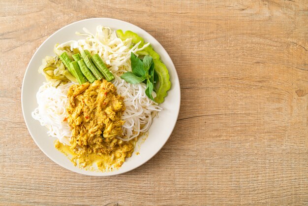 Thai Rice Noodles with Crab Curry and Variety Vegetables, Thai local southern food