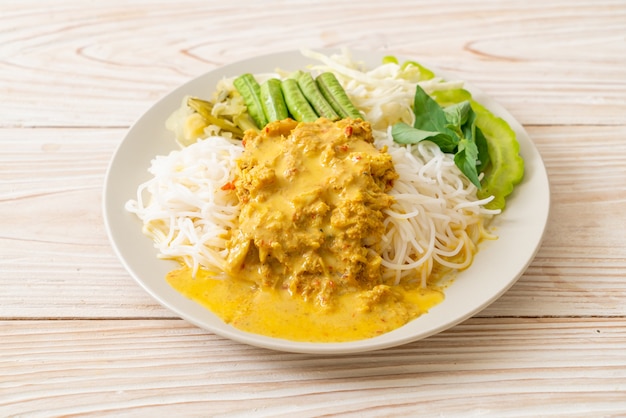 Thai Rice Noodles with Crab Curry and Variety Vegetables - Thai local southern food