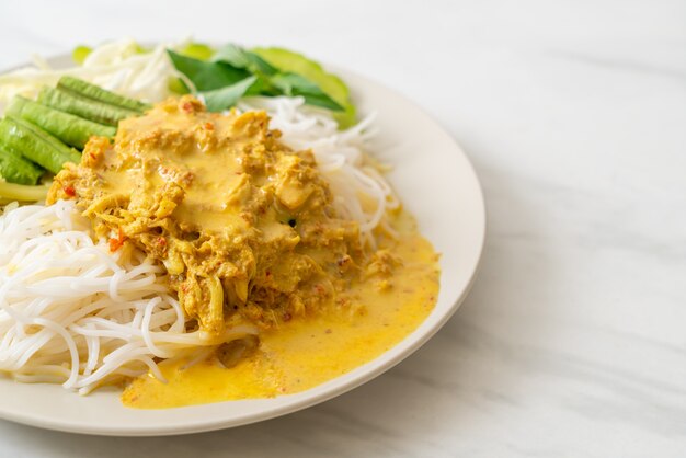 Thai Rice Noodles with Crab Curry and Variety Vegetables - Thai local southern food