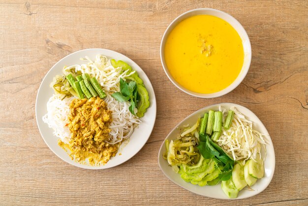 Thai Rice Noodles with Crab Curry and Variety Vegetables - Thai local southern food