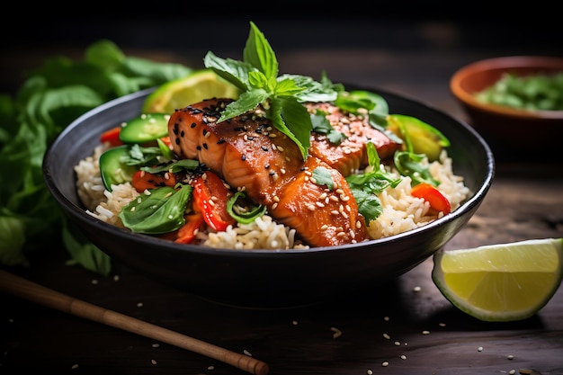 Thai salmon brown rice bowls thai food photo