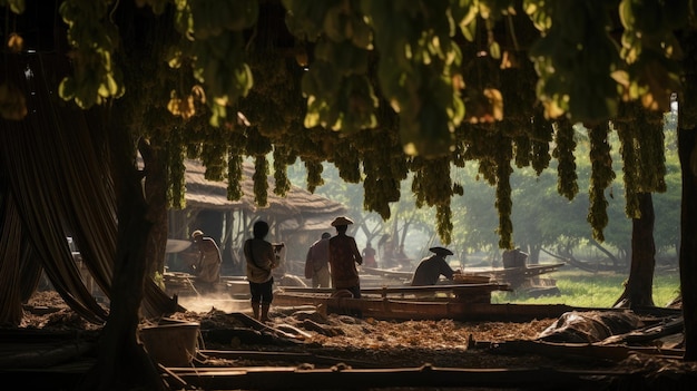 Thai silk farm workers harvest silk threads from cocoons Air scented with fresh mulberry leaves