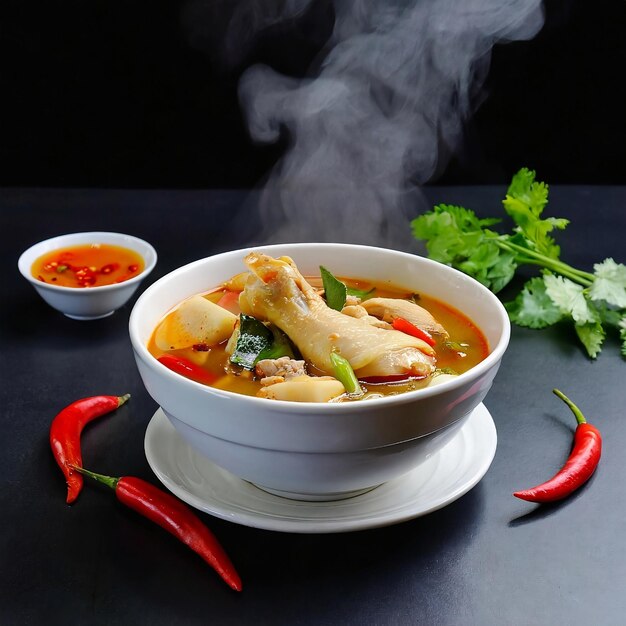 Thai spicy steaming hot chicken tendon soup served in a white bowl black background