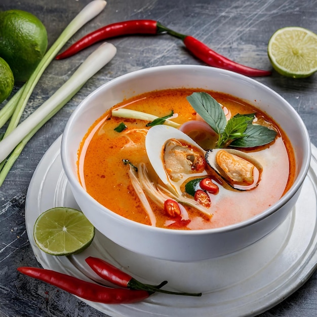 タイの辛口のトム・ヤム・ゴングスープが白い鉢で提供されます