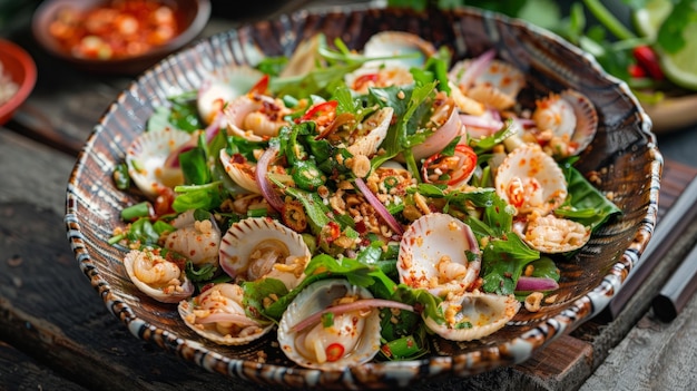 Photo thai street food concept spicy blood cockle salad tum hoi klang