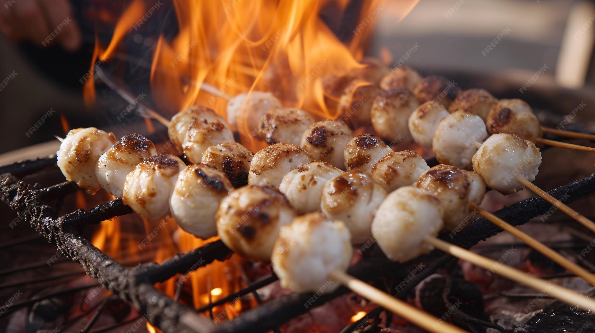 Premium Photo | Thai street food includes skewered grilled fish balls