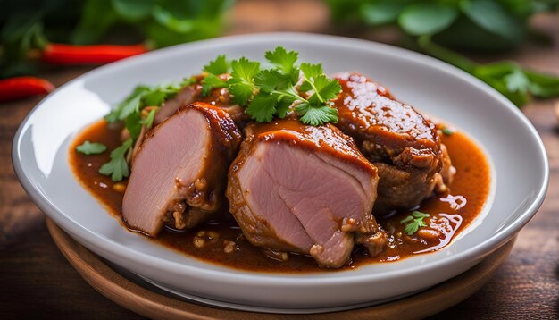 タイスタイルのブライスド・ピーク・レッグ (Braised Pork Leg) またはブライスッド・ピーク-レッグ (Stuffed Pork Leg).