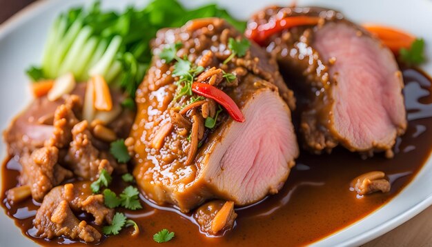 タイスタイルのブライスド・ピーク・レッグ (Braised Pork Leg) またはブライスッド・ピーク-レッグ (Stuffed Pork Leg).