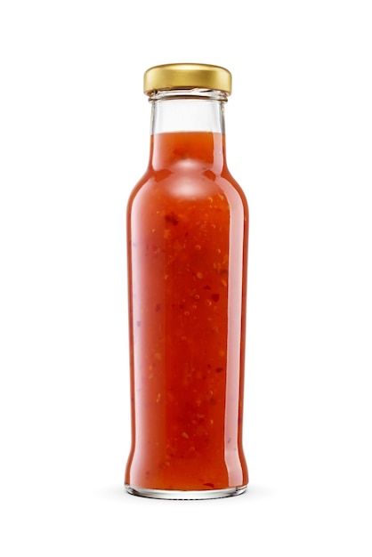 thai sweet chili sauce isolated on white background glass bottle with golden twist off screw cap no label
