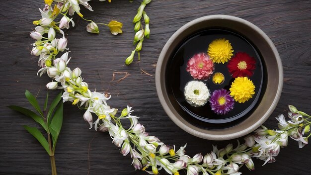 Тайская традиционная гирлянда из жасмина и красочные цветы в чашках с водой украшают и ароматизируют марли.