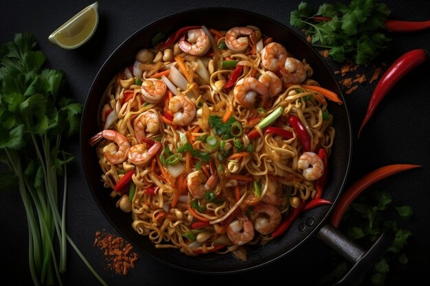 Thai wok with noodles and shrimps created with generative AI