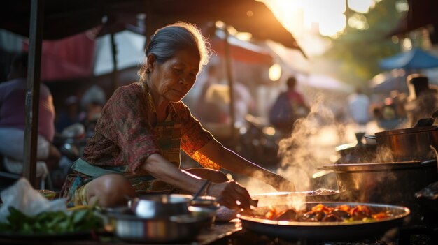 Foto donna thailandese che cucina cibo per strada asiatico thailandese cibo di strada locale