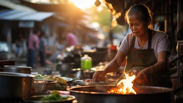 街で料理をしているタイ人女性アジア系タイ人地元のストリートフード