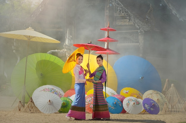 Thai Woman In Traditional Costume.Asian beautiful woman wearing traditional thai culture,vintage style,Thailand