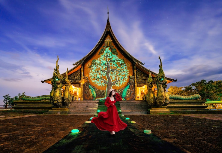 Photo タイの女性がシリンドホーン・ワララム・フー・プラオ寺院で驚くべき輝きの寺院を訪れた