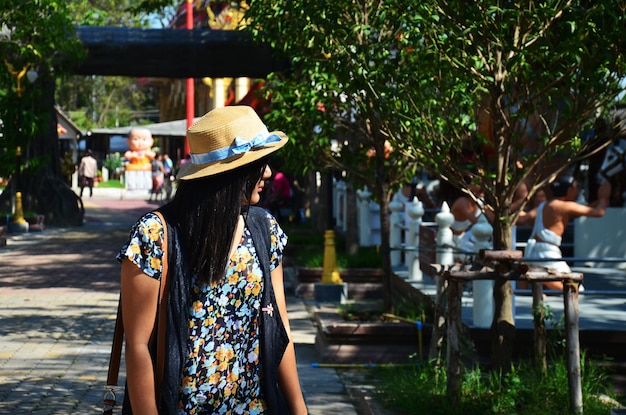 Thai women walking at Wat Bangchak Temple in Nonthaburi Thailand