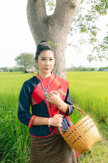 Thai women wearing traditional costumesThai beautiful woman in traditional dress costume outdoor