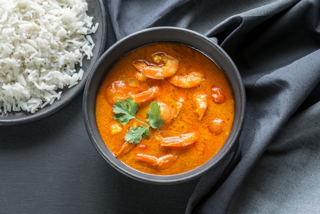 Thai yellow curry with seafood and white rice