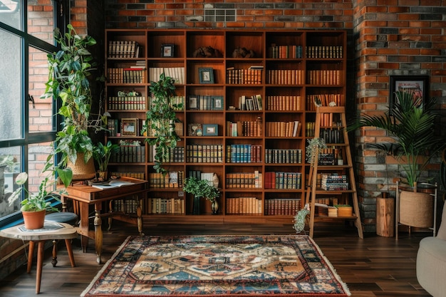 Thailand 15 Dec 2019 Boekenplank met bakstenen muur met houten tafel en tapijt in loft stijl