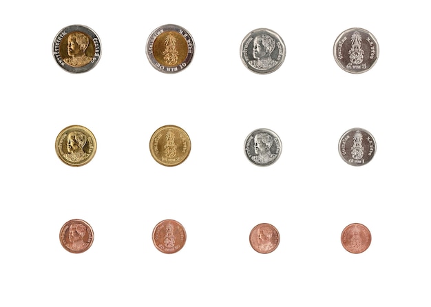 Thailand circulerende munten collectie set geïsoleerd op witte achtergrond. Voor- en achterkant 10, 5, 2, 1,