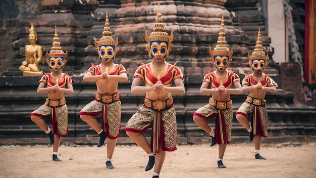 Thailand dancing in masked khon performances with ancient temple