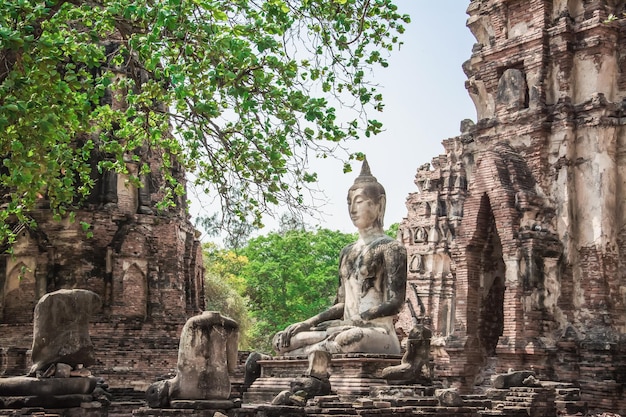 THAILAND Ruïnes en antiek in het Ayutthaya Historical Park Toeristen van over de hele wereld Boeddha verval