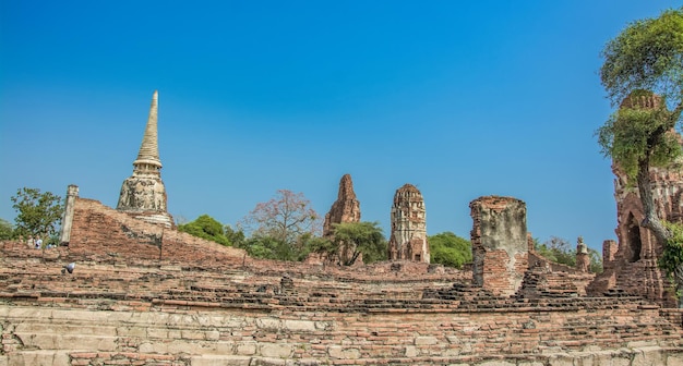 태국 아유타야 역사 공원의 유적과 골동품 전 세계에서 온 관광객 부처 쇠퇴