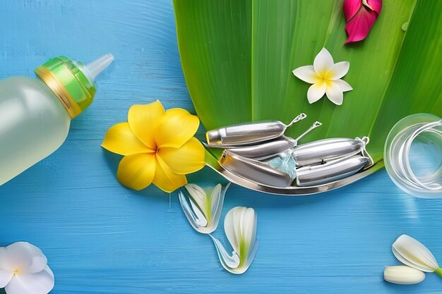 Thailand songkran festival background with water gun garland scented water and flower in silver bowl put on wet banana leaf