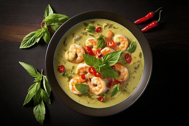 Thailand tradition green curry soup with shrimps prawns Green Curry Generative AI