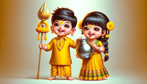 Thaipusam illustration with happy kids holding milk pot and spear