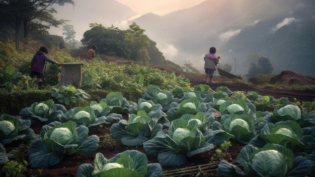 Thais kind dat kool plukt in de kooltuin in een lange rij