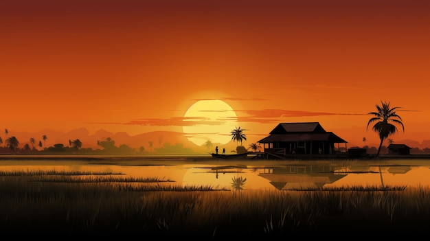 Thais plattelandsleven met rijstveld en hut bij zonsondergang