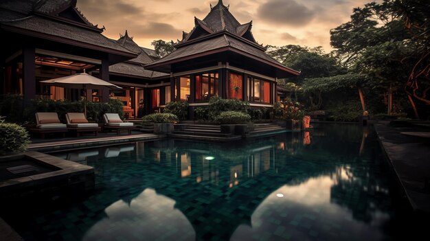 Thaise Balinese luxe villa met infinity zwembad Een tropische tuin in Ubud Bali Indonesië