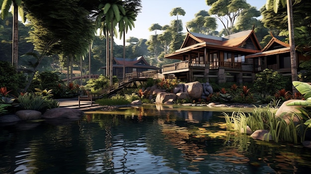 Thaise Balinese luxe villa met infinity zwembad Een tropische tuin in Ubud Bali Indonesië