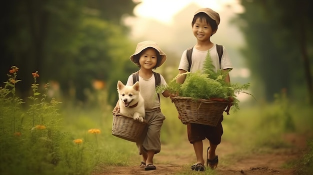 Thaise boerenkinderen die zaailingen dragen Prachtig verlichte filmische scène van hondengeluk