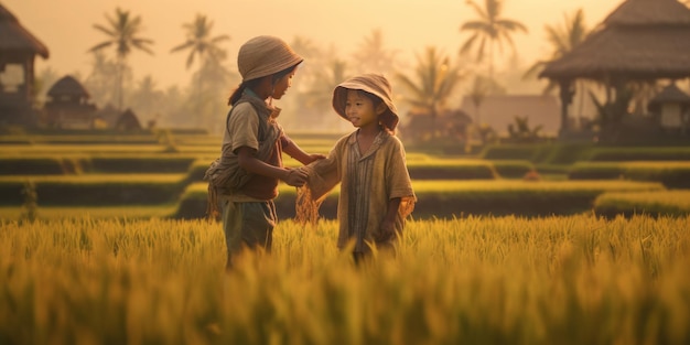 Thaise kinderen spelen op een rijstveld filmisch gouden licht realistisch